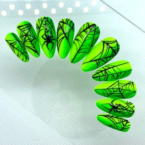 Neon Spider Web Press On Nails | Glue On Nails | Stick On Nails | Fake Nails | Halloween Nails | Stiletto Nails | Reusable Nails