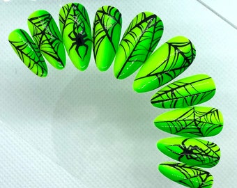 Neon Spider Web Stiletto Press On Nails | Halloween Fake Nails