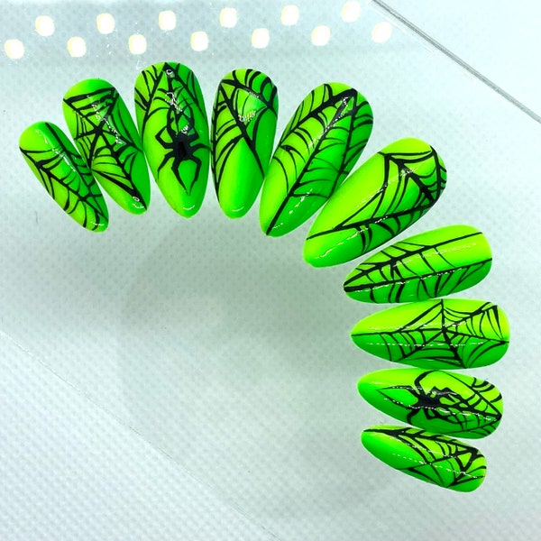 Neon Spider Web Stiletto Press On Nails | Halloween Fake Nails