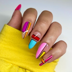 Geometric Press On Nails | Glue On Nails | Short Nails | Stick On Nails | Fake Nails | Gifts For Her | Almond Nails | Reusable Nails