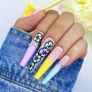 Spring Ombre Press On Nails | Glue On Nails | Long Nails | Stick On Nails | Fake Nails | Gifts For Her | Coffin Nails | Reusable Nails
