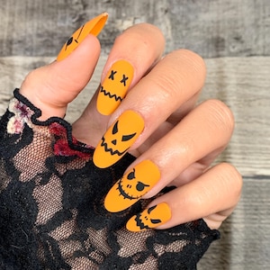 Pumpkin Face Press On Nails | Halloween Coffin False Nails