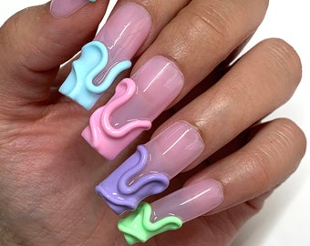 3D Pastel Swirl Press On Nails | Glue On Nails | Stick On Nails | Fake Nails | Halloween Nails | Coffin Nails | Reusable Nails