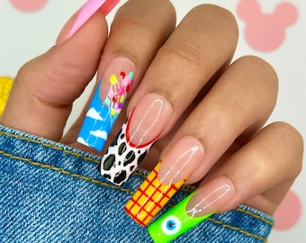 Pixar French Press On Nails | Disney Nails | Long Nails | Vacation Nails | Glue On Nails