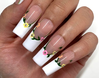 Spring Flower French Press On Nails | Glue On Nails | Long Nails | Stick On Nails | Fake Nails | Square Nails | Reusable Nails