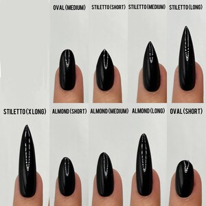 May include: A comparison chart of ten different nail shapes, including oval, stiletto, and almond. Each shape is shown in a short, medium, and long length. The nails are black and have a shiny finish.