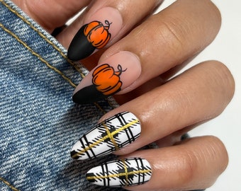 Plaid Pumpkin Press On Nails | Reusable Autumn False Nails