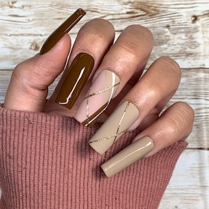 Brown Fall Press On Nails | Glue On Nails | Stick On Nails | Fake Nails | Autumn Nails | Coffin Nails | Reusable Nails | Fall Nails
