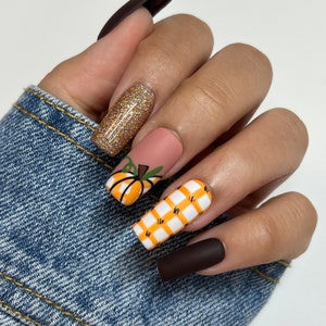 Plaid Glitter Press On Nails | Autumn Pumpkin Reusable False Nails