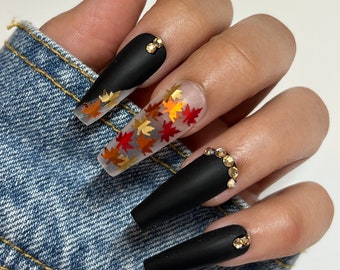 Fall Leaves Press On Nails | Glue On Nails | Stick On Nails | Fake Nails | Autumn Nails | Coffin Nails | Reusable Nails | Fall Nails