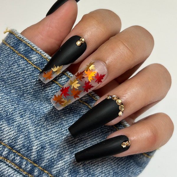 Fall Leaves Press On Nails | Glue On Nails | Stick On Nails | Fake Nails | Autumn Nails | Coffin Nails | Reusable Nails | Fall Nails