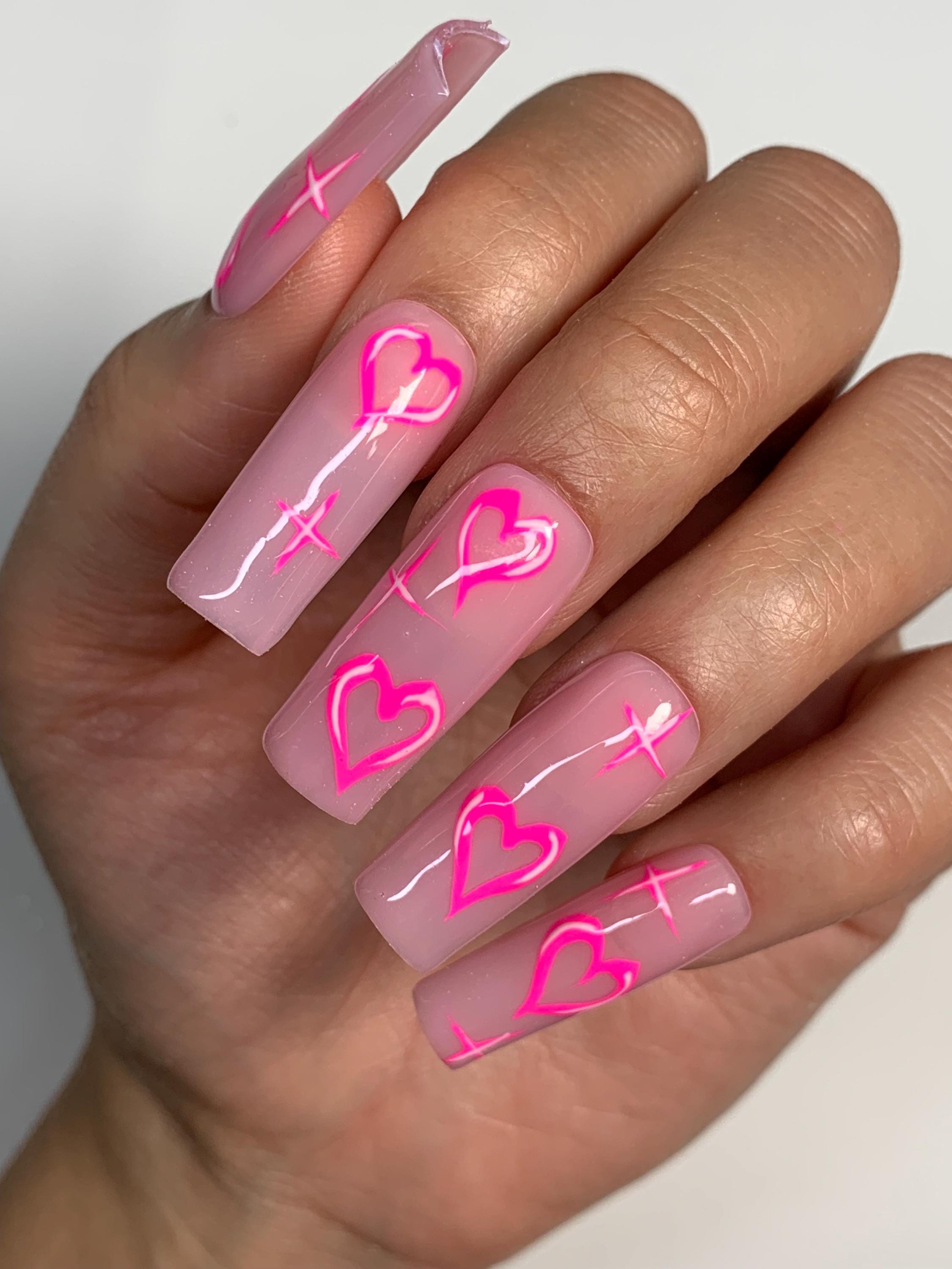 Y2K Airbrush Heart Press on Nails: Long Square Valentines Reusable