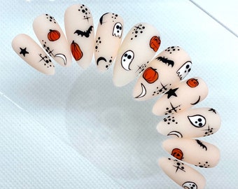 Halloween Confetti Press On Nails | Glue On Nails | Short Nails | Stick On Nails | Fake Nails | Ghost Nails | Almond Nails | Reusable Nails