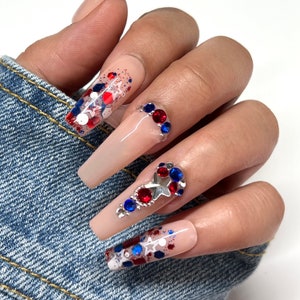 4th of July Bling Press On Nails | Glue On Nails | Short Nails | Stick On Nails | Fake Nails | Summer nails | Reusable Nails