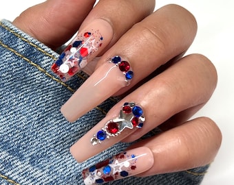 4th of July Bling Press On Nails | Glue On Nails | Short Nails | Stick On Nails | Fake Nails | Summer nails | Reusable Nails