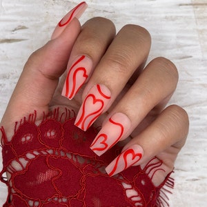 Heart Swirl Press On Nails | Glue On Nails | Long Nails | Stick On Nails | Fake Nails | Gifts For Her | Valentines Day | Reusable Nails