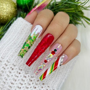 Holiday Press On Nails | Glue On Nails | Long Nails | Stick On Nails | Fake Nails | Christmas Nails | Coffin Nails | Reusable Nails