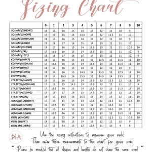 May include: A chart with a sizing guide for different nail shapes and lengths. The chart lists sizes 0 through 10 and includes nail shapes such as square, coffin, stiletto, almond, and oval. The chart also includes the text "Sizing Chart" and "Use the sizing instructions to measure your nails! Then refer those measurements to this chart for your sizes! Please be mindful that all shapes and lengths do not share the same sizes!"