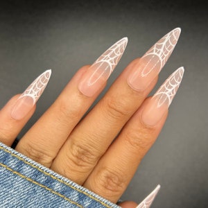 Spider Web French Press On Nails | Halloween Nails | Fake Nails | Glue On Nails | Long Nails | Stiletto | Spooky | October | Stick On Nails