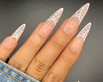 Spider Web French Press On Nails | Halloween Nails | Fake Nails | Glue On Nails | Long Nails | Stiletto | Spooky | October | Stick On Nails