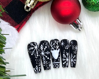 Reindeer Snowflake Long Coffin Press On Nails | Winter Christmas False Nails