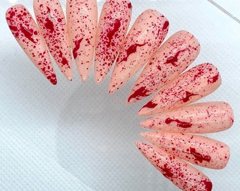 Blood Splatter Press On Nails | Glue On Nails | Long Nails | Stick On Nails | Fake Nails | Halloween Nails | Stiletto Nail | Reusable Nails