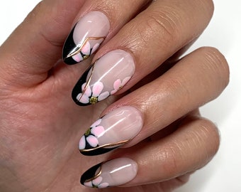 Cherry Blossom French Press On Nails | Glue On Nails | Long Nails | Stick On Nails | Fake Nails | Gifts For Her | Reusable Nails