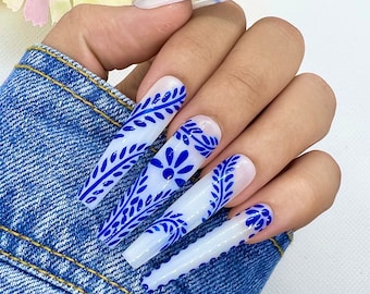 Porcelain Press On Nails | Glue On Nails | Long Nails | Stick On Nails | Fake Nails | Gifts For Her | Coffin Nails | Reusable Nails