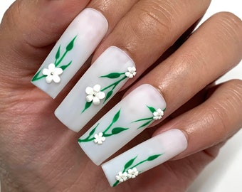 Spring Milky White Flower Press On Nails | Glue On Nails | Long Nails | Stick On Nails | Fake Nails | Gifts For Her | Reusable Nails