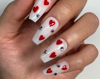 Heart Gems Press On Nails: Long Square Valentines Reusable Nails