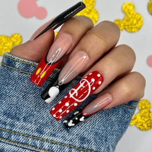 Red and Black Disney Press On Nails | Disney Nails | DisneyWorld | Glue On Nails | Fake Nails | Short Nails | Gifts For Her | Vacation Nails