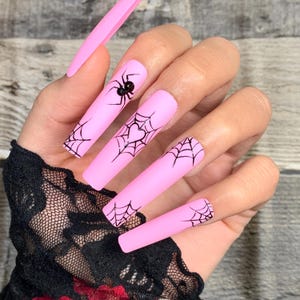 Pink Spider Halloween Press On Nails | Glue On Nails | Stick On Nails | Fake Nails | Halloween Nails | Coffin Nails | Reusable Nails