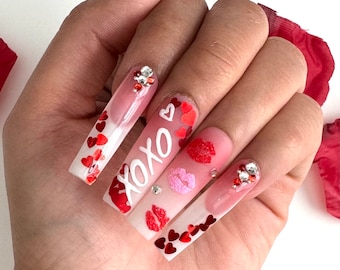 XOXO Press On Nails | Glue On Nails | Long Nails | Stick On Nails | Fake Nails | Gifts For Her | Valentines Day | Reusable Nails