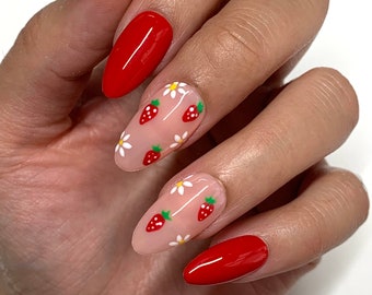 Spring Strawberry Press On Nails | Glue On Nails | Long Nails | Stick On Nails | Fake Nails | Gifts For Her | Reusable Nails