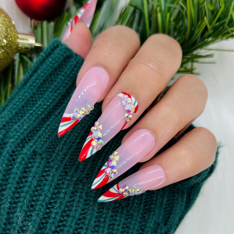 Candy Cane French Press On Nails Glue On Nails Stick On Nails Fake Nails Christmas Nails Stiletto Nails Reusable Nails image 1