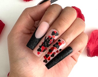 Red and Black Heart Press On Nails | XL Long Square, Valentines Day