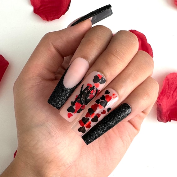 Valentine's Day Heart Nail Stickers - 8 Sheets Holographic Red & Black Nail Art Decals