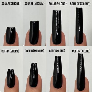May include: A comparison of different nail shapes, including square and coffin, in short, medium, long, and extra long lengths. The nails are painted black.