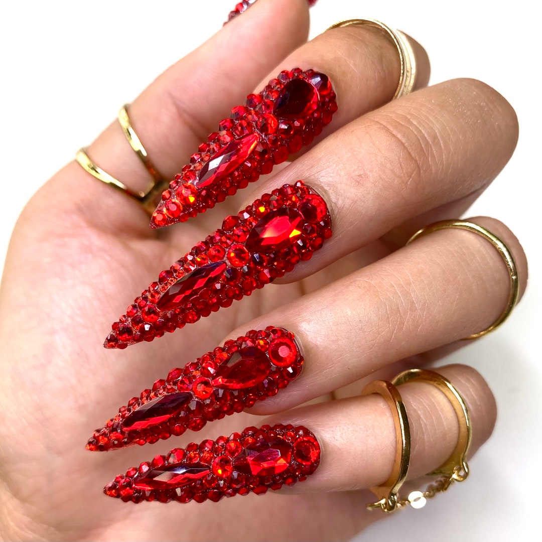 Red Bling Press on Nails Glue on Nails Long Nails Stick on Nails Luxury Nails Bling Nails