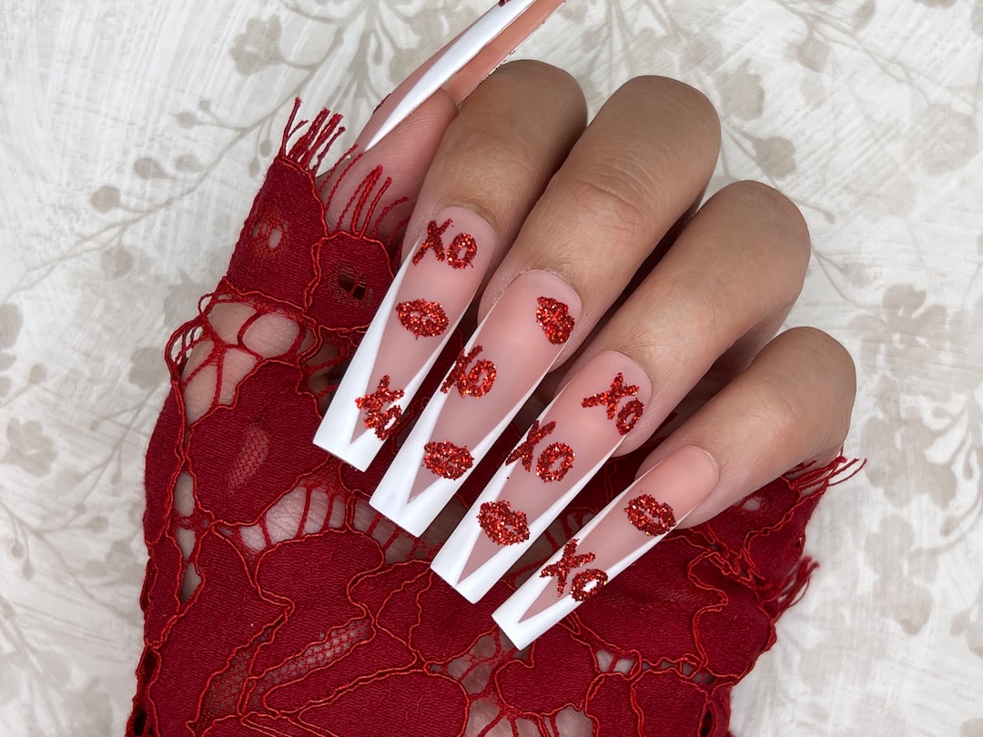 XO Kiss French Press on Nails Glue on Nails Long Nails Stick on Nails Fake Nails Gifts for Her
