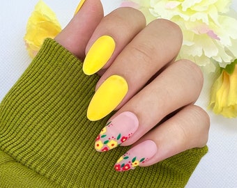 Yellow Floral Press On Nails | Almond Reusable Fake Nails