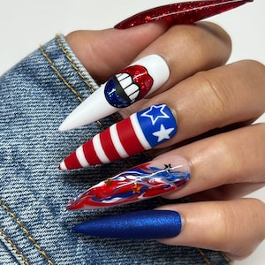 Patriotic 4th of July Press On Nails | Glue On Nails | Short Nails | Stick On Nails | Fake Nails | Summer nails | Reusable Nails