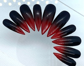 Red Black Ombre Press On Nails | Glue On Nails | Long Nails | Stick On Nails | Fake Nails | Gifts For Her | Stiletto Nail | Reusable Nails