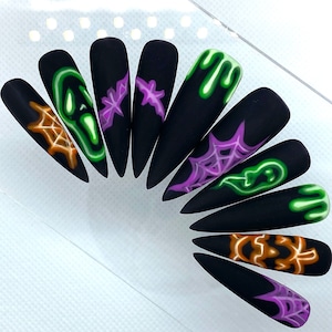 Neon Glow Halloween Press On Nails | Glue On Nails | Long Nails | Stick On Nails | Fake Nails | Spooky Nails | Black Nails | Reusable Nails