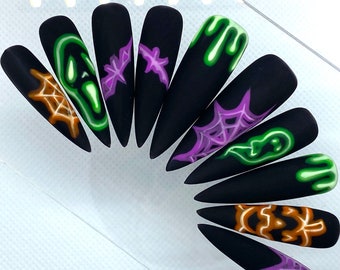 Neon Glow Halloween Press On Nails | Glue On Nails | Long Nails | Stick On Nails | Fake Nails | Spooky Nails | Black Nails | Reusable Nails