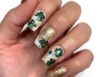 Gold Clover French Press On Nails | Glue On Nails | Stick On Nails | Fake Nails | St. Patrick’s Day| Green Nails | Reusable Nails