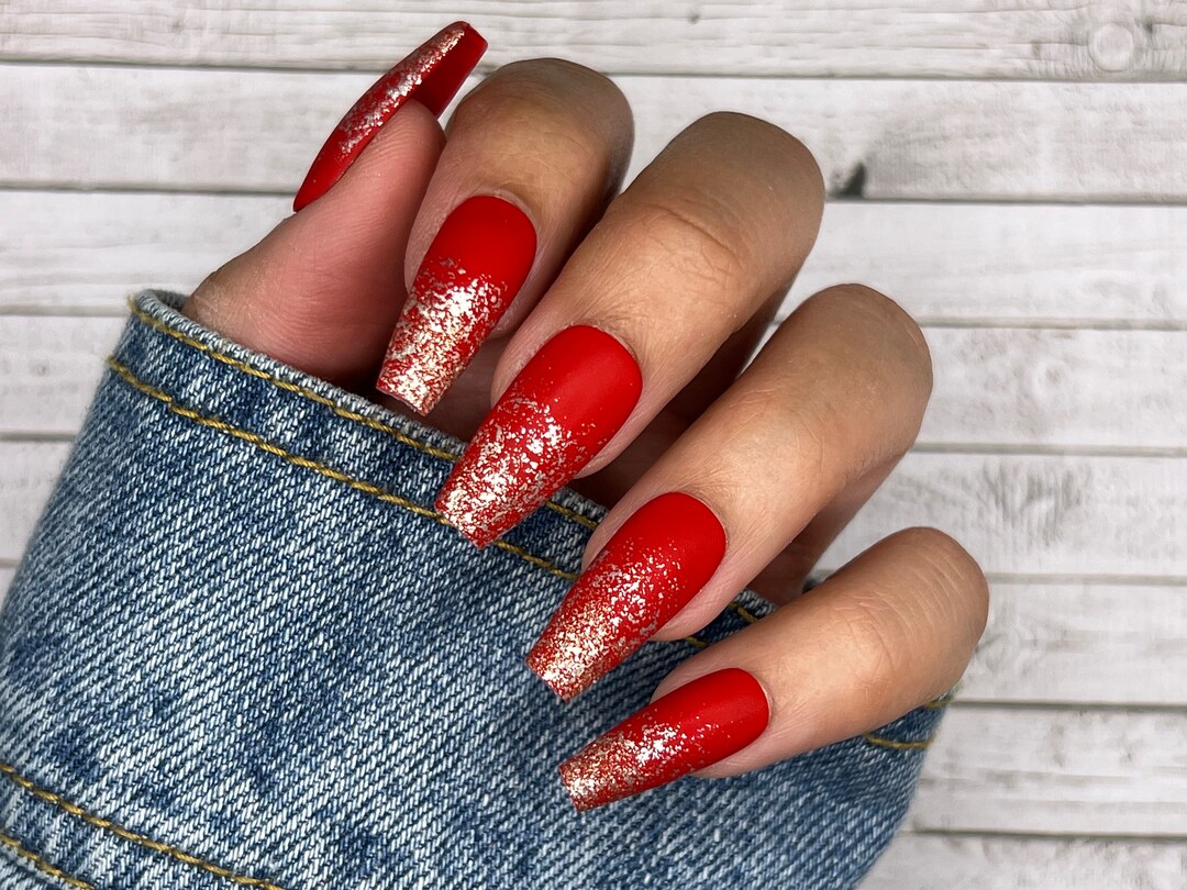 coffin nails for red dress Red glitter French tip nails