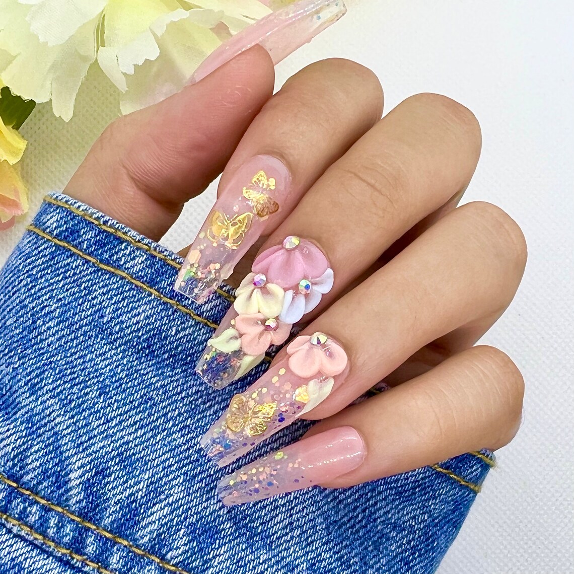 Spring 3D Flower Press on Nails Glue on Nails Long Nails Etsy