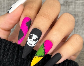 Jack Patchwork Press On Nails | Glue On Nails | Halloween Nails | Stick On Nails | Fake Nails | Coffin Nails | Reusable Nails