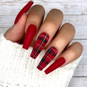 Red Plaid Press On Nails | Christmas Nails | Winter Nails | Fake Nails | Holiday | Seasonal | Glue On Nails | Gifts For Her